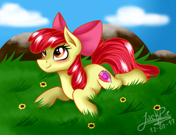 Size: 1300x1000 | Tagged: safe, artist:jack-pie, apple bloom, earth pony, pony, g4, adorabloom, blushing, bow, cloud, cute, female, grass, grass field, hair bow, prone, signature, sky, smiling, solo, the cmc's cutie marks