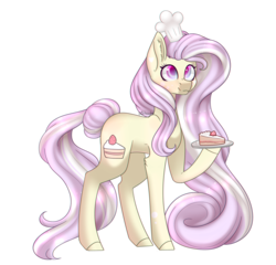 Size: 1762x1693 | Tagged: safe, artist:ohhoneybee, oc, oc only, oc:strawberry cake, earth pony, pony, cake, chef's hat, colored pupils, dish, ear fluff, female, food, hat, hoof hold, mare, multicolored iris, simple background, solo, transparent background