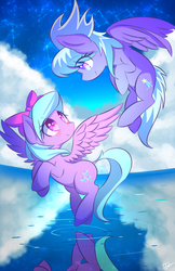 Size: 770x1190 | Tagged: safe, artist:kawaiipony2, cloudchaser, flitter, pegasus, pony, g4, blushing, cloud, constellation, cute, cutechaser, duo, duo female, female, flitterbetes, flying, looking at each other, looking at someone, mare, reflection, sisters, sky, smiling, smiling at each other, spread wings, starry night, stars, water