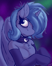 Size: 2000x2500 | Tagged: dead source, safe, artist:skoon, princess luna, alicorn, pony, semi-anthro, naughty luna, g4, chest fluff, clothes, collar, cute, dishevelled, female, gloves, high res, mare, paranoid, s1 luna, socks, solo