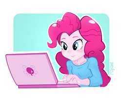 Size: 1067x884 | Tagged: safe, artist:rajaie, pinkie pie, equestria girls, g4, clothes, computer, cute, female, laptop computer, pajamas, pinkie pie laptop, smiling, solo, typing