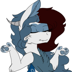 Size: 2560x2560 | Tagged: safe, artist:brokensilence, oc, oc only, oc:mira songheart, draconequus, chest fluff, cute, draconequified, high res, horns, reaction image, shrug, simple background, solo, species swap, transparent background