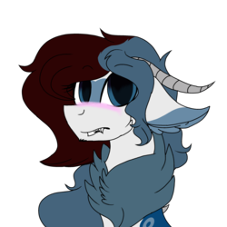 Size: 2560x2560 | Tagged: safe, artist:brokensilence, oc, oc only, oc:mira songheart, draconequus, blushing, chest fluff, cute, draconequified, high res, horns, reaction image, simple background, solo, species swap, transparent background, w-what?