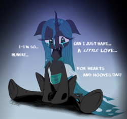 Size: 2400x2264 | Tagged: safe, artist:chopsticks, queen chrysalis, changeling, changeling queen, g4, bronybait, crying, female, gradient background, hearts and hooves day, high res, hungry, love, open mouth, sad, simple background, solo, text