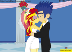 Size: 2313x1665 | Tagged: safe, artist:conikiblasu-fan, flash sentry, sunset shimmer, equestria girls, g4, clothes, dress, eyes closed, eyeshadow, female, flower, flower in hair, hug, kissing, makeup, male, marriage, ship:flashimmer, shipping, straight, suit, valentine's day, veil, wedding, wedding dress