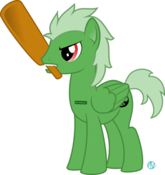 Size: 2073x2208 | Tagged: safe, artist:arifproject, oc, oc only, oc:site moderator, pegasus, pony, derpibooru, g4, angry, cutie mark, derpibooru ponified, green, high res, imminent spanking, male, meta, moderator, mouth hold, paddle, ponified, simple background, solo, transparent background, vector