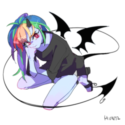 Size: 708x708 | Tagged: safe, artist:dusty-munji, rainbow dash, equestria girls, g4, bat wings, female, horns, solo