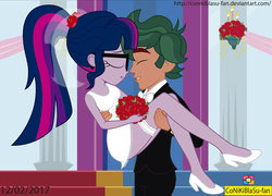 Size: 2313x1665 | Tagged: safe, artist:conikiblasu-fan, sci-twi, timber spruce, twilight sparkle, equestria girls, g4, bouquet, bridal carry, clothes, dress, female, garter, glasses, male, marriage, shipping, straight, suit, timbertwi, valentine's day, veil, wedding, wedding dress
