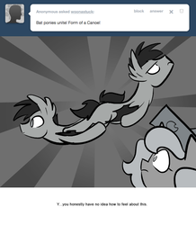 Size: 666x763 | Tagged: safe, artist:egophiliac, princess luna, oc, oc:frolicsome meadowlark, oc:sunshine smiles (egophiliac), bat pony, pony, moonstuck, g4, bat pony canoe, cartographer's cap, filly, grayscale, hat, monochrome, tumblr, tumblr comic, unamused, woona, younger