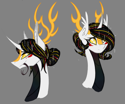 Size: 1280x1065 | Tagged: safe, artist:australian-senior, oc, oc only, oc:niomedes invictus, alicorn, kirin, pony, kirindos, alternate universe, antlers, bust, colored sclera, crossover, forked tongue, glados, golden eyes, gray background, hair bun, portal, portal (valve), portal 2, scales, simple background, solo