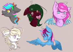 Size: 1726x1239 | Tagged: safe, artist:rainbow-marble, oc, oc only, oc:parcly taxel, oc:terra flora, unnamed oc, alicorn, bat pony, pony, alicorn oc, bust, cute little fangs, doodle, expressions, fangs, heart, horn, horn ring, mouth hold, tongue out, valentine, valentine's day