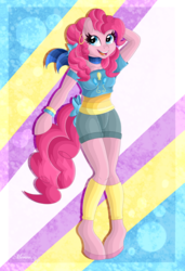 Size: 2321x3400 | Tagged: safe, artist:merienvip, pinkie pie, earth pony, anthro, unguligrade anthro, g4, arm hooves, bow, clothes, female, hair bow, high res, smiling, solo, tail bow