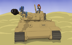 Size: 2843x1789 | Tagged: safe, artist:coreboot, oc, oc only, oc:explosivepone, oc:nightwing, bat pony, pony, desert, tank (vehicle), tiger (tank), tongue out, weapon