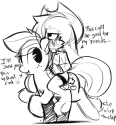 Size: 1179x1270 | Tagged: safe, artist:0r0ch1, applejack, oc, oc:0r0ch1, g4, accessory theft, cowboy hat, dialogue, face of mercy, furry, hat, hemorrhoids, looking back, monochrome, non-mlp oc, riding, stetson, this will end in pain, this will end in pain and/or death, this will not end well, trotting