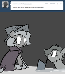 Size: 666x762 | Tagged: safe, artist:egophiliac, princess luna, oc, oc:danger mcsteele, sea pony, moonstuck, g4, cartographer's cap, filly, grayscale, hat, marauder's mantle, monochrome, mouth hold, sand, tumblr, tumblr comic, woona, younger