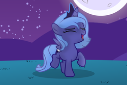 Size: 6000x4000 | Tagged: safe, artist:spottedlions, princess luna, pony, absurd resolution, cute, eyes closed, female, filly, lunabetes, moon, night, raised hoof, solo, stars, woona, younger
