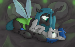 Size: 3200x2000 | Tagged: safe, artist:coreboot, queen chrysalis, oc, changeling, changeling queen, g4, female, high res, hive, lying, on back, prone, shipping, smiling