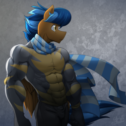 Size: 1276x1276 | Tagged: safe, artist:ponyanony, oc, oc only, oc:lightning rider, pegasus, anthro, clothes, male, muscles, scarf, solo, stallion, suit, tight clothing