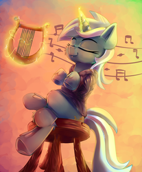 Size: 1657x2000 | Tagged: safe, artist:discorded, lyra heartstrings, pony, unicorn, fanfic:background pony, g4, clothes, crossed legs, dig the swell hoodie, eyes closed, female, glowing horn, hoodie, horn, lyre, magic, mare, music, music notes, musical instrument, sitting, sitting lyra, smiling, solo, stool, sweater, telekinesis, underhoof, unshorn fetlocks