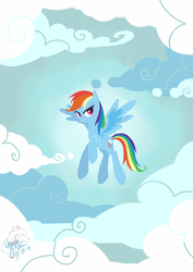 Size: 1240x1748 | Tagged: safe, artist:ogre, rainbow dash, pony, g4, cloud, female, flying, grin, pixiv, sky, smiling, solo
