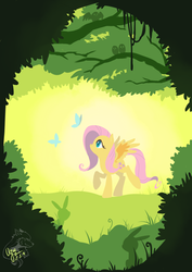 Size: 1240x1748 | Tagged: safe, artist:ogre, fluttershy, bird, butterfly, rabbit, g4, female, forest, looking at something, looking up, no mouth, pixiv, profile, raised hoof, solo, spread wings