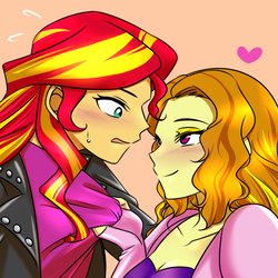 Size: 1000x1000 | Tagged: safe, artist:raika0306, adagio dazzle, sunset shimmer, human, equestria girls, g4, my little pony equestria girls: rainbow rocks, bedroom eyes, blushing, breasts, cleavage, clothes, duo, female, heart, imminent kissing, jacket, lesbian, lidded eyes, looking at each other, loose hair, loving gaze, pulling, ship:sunsagio, shipping, simple background, smiling, sweat, sweatdrop