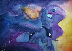 Size: 1400x1000 | Tagged: safe, artist:lollipony, princess luna, alicorn, pony, g4, eyes closed, female, mare, mountain, mountain range, raised hoof, solo, spread wings, stars, traditional art, twilight (astronomy), watercolor painting, wings