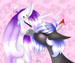Size: 2400x2000 | Tagged: safe, artist:minelvi, oc, oc only, oc:cloudy night, pegasus, pony, unicorn, abstract background, blushing, bust, ear piercing, earring, eyes closed, feather, female, heart, high res, horn, jewelry, mare, nuzzling, piercing, signature, unicorn oc