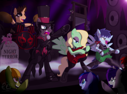 Size: 3400x2500 | Tagged: safe, artist:ponyecho, oc, oc only, oc:night terror, pony, alice cooper, audience, band, bipedal, clothes, commission, concert, drum kit, drums, drumsticks, electric guitar, guillotine, guitar, hat, high res, makeup, metal as fuck, microphone, musical instrument, night, open mouth, ponified, rock (music), tomb, top hat