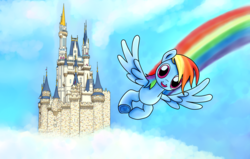 Size: 4400x2800 | Tagged: safe, artist:everesco, rainbow dash, pegasus, pony, g4, castle, cloud, cloudy, disney, female, high res, rainbow, rainbow dash day, sky, solo