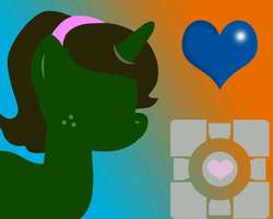 Size: 1280x1024 | Tagged: safe, oc, oc only, oc:nahuelina, pony, unicorn, companion cube, heart, portal (valve)