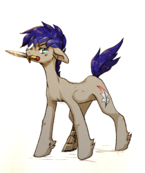 Size: 1100x1309 | Tagged: safe, artist:koviry, oc, oc only, earth pony, pony, colored sketch, dagger, mouth hold, prosthetics, simple background, solo, traditional art, weapon, white background