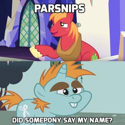 Size: 2000x2000 | Tagged: safe, edit, edited screencap, screencap, big macintosh, snips, pony, unicorn, boast busters, dungeons and discords, g4, my little pony: friendship is magic, caption, colt, high res, image macro, male, meme, pun, stallion, twilight's castle