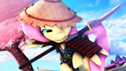 Size: 3840x2159 | Tagged: safe, artist:selestlight, fluttershy, pony, g4, 3d, armor, crossover, female, flutterbadass, for honor, high res, naginata, nobushi, nose wrinkle, solo, source filmmaker