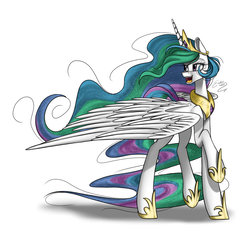 Size: 1024x977 | Tagged: safe, artist:enderendra, princess celestia, pony, g4, female, looking back, raised hoof, simple background, solo