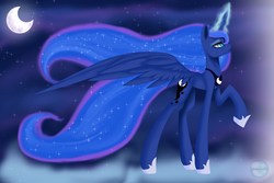 Size: 1500x1000 | Tagged: safe, artist:enderendra, princess luna, alicorn, pony, g4, female, glowing horn, horn, mare, moon, night, raised hoof, solo, spread wings, stars