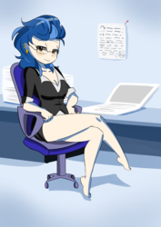 Size: 1725x2441 | Tagged: safe, artist:piccolocwel, indigo zap, equestria girls, g4, computer, feet, female, glasses, laptop computer, solo