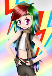 Size: 3445x4947 | Tagged: safe, artist:rdfandrawer102, rainbow dash, human, g4, absurd resolution, belly button, cutie mark background, female, humanized, midriff, solo