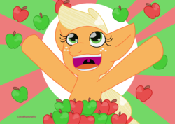 Size: 1542x1094 | Tagged: safe, artist:lilpinkbunnyrabbit, applejack, earth pony, pony, g4, apple, female, food, open mouth, solo, that pony sure does love apples
