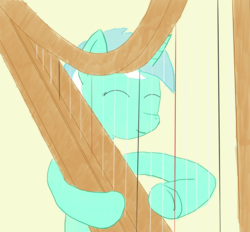 Size: 1280x1190 | Tagged: safe, artist:downhillcarver, artist:downhillcarver-art, lyra heartstrings, pony, unicorn, g4, eyes closed, female, harp, musical instrument, smiling, solo, underhoof