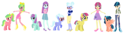 Size: 3616x972 | Tagged: safe, artist:animeponynintendo, indigo zap, lemon zest, sour sweet, sugarcoat, sunny flare, pony, equestria girls, g4, alternate hairstyle, boots, clothes, cute, denim skirt, equestria girls ponified, glasses, high heels, overalls, pants, ponified, ponytail, shadow five, shoes, shorts, skirt