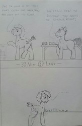 Size: 836x1280 | Tagged: safe, artist:downhillcarver, artist:downhillcarver-art, oc, oc only, oc:downhillcarver, earth pony, pony, comic, diary comic, mechanic, pencil, pencil drawing, traditional art