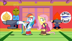 Size: 1136x640 | Tagged: safe, artist:mysteryben, fluttershy, rainbow dash, rhythm is magic, g4, anvil, black belt, clothes, crossover, crying, fingerless gloves, gi, gloves, karate, martial arts, pants, parappa the rapper, rhythm heaven, robe, scared, street fighter, sweat, video at source, youtube link