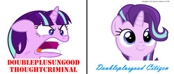 Size: 1680x720 | Tagged: safe, starlight glimmer, pony, g4, 1984, comparison, copyright, doublespeak, female, newspeak, ragelight glimmer, simple background, solo, text, white background