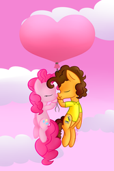 Size: 2000x3000 | Tagged: safe, artist:vcm1824, cheese sandwich, pinkie pie, g4, balloon, cloud, female, flying, heart balloon, high res, male, nuzzling, ship:cheesepie, shipping, straight