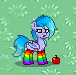 Size: 151x149 | Tagged: safe, oc, oc only, pony, pony town, apple, clothes, food, rainbow socks, socks, solo, striped socks