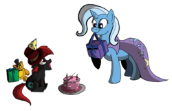Size: 1279x822 | Tagged: safe, artist:godforoth, trixie, oc, pony, unicorn, g4, birthday, birthday cake, cake, candle, cape, clothes, crossover, duo, female, five nights at freddy's, food, freddy fazbear, hat, mare, mouth hold, party hat, plate, present, raised hoof, simple background, sitting, smiling, teddy bear, transparent background, trixie's cape