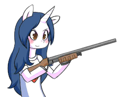 Size: 500x389 | Tagged: safe, artist:basketgardevoir, oc, oc only, oc:dearheart, semi-anthro, animated, clothes, gif, gun, hoof hold, shirt, shotgun, simple background, solo, t-shirt, weapon, white background