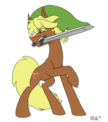 Size: 1600x1811 | Tagged: safe, artist:torusthescribe, quarter hearts, pony, g4, link, mouth hold, rupee, simple background, solo, sword, the legend of zelda, transparent background, weapon