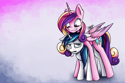 Size: 2400x1600 | Tagged: safe, artist:xskytheartist, princess cadance, shining armor, alicorn, pony, unicorn, g4, breath, duo, floppy ears, height difference, lidded eyes, looking down, looking up, shining armor is not amused, size difference, smiling, unamused